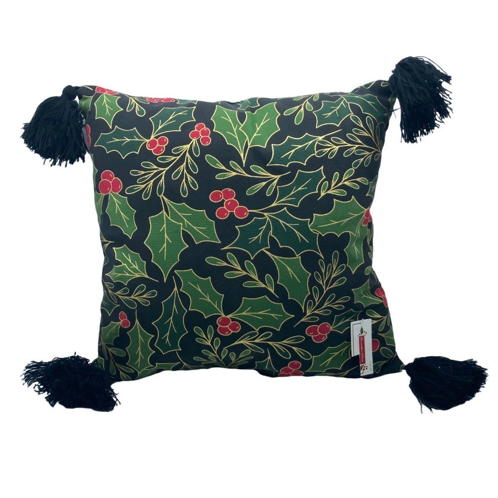 Christmas‎ Holly Decorative Throw Pillow NWT 14" x 14" Tassel Corners
